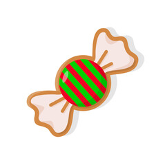 Gingerbread of candy with bright cover in stripes red and green. Baked colorful cookie sweet in realistic style isolated on white, shape of dessert vector