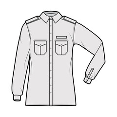 Shirt military technical fashion illustration with epaulette, flaps angled pockets, elbow fold long sleeve, relax fit, button-down, collar. Flat template front, grey color. Women men unisex top CAD