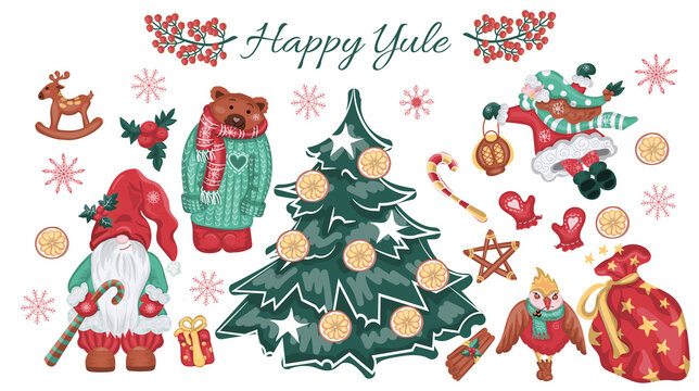 Happy yule clipart set with gnome, elf, bear in sweater, yule tree. Merry christmas elements.