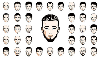 Handsome men faces and hairstyles heads vector illustrations set isolated on white background, guy happy attractive beautiful faces avatars collection with different haircuts.