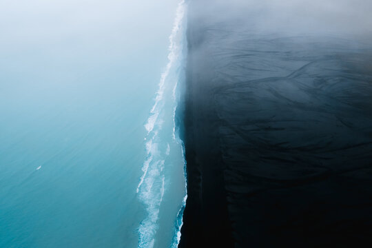 Aerial photo of the Black sand beach coastline in Iceland