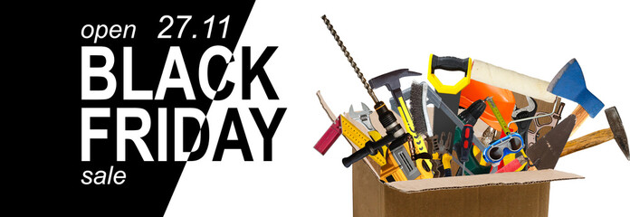 Fototapeta na wymiar Black Friday in tool shop. Many tolls on black and white background text black friday