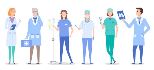 Set of doctors and patient cartoon characters. Medical staff team concept in hospital. Health professional team, doctors and assistants in dressing gowns with stethoscope on white background