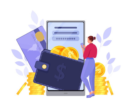 E-wallet or digital online payment vector concept with woman, smartphone, credit card, stacked dollar coins. Money transfer or mobile transaction flat illustration. Digital payment or purchase design