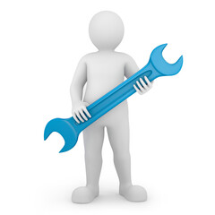 Abstract cartoon character with blue wrench in hands. Repairs concept. 3D rendering.