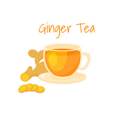 Colorful cup herbal tea on ginger, isolated on white background. Ayurveda herbal drink. Cartoon flat style. Vector illustration.
