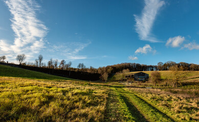 Walking path among fields by River Chess, Chiltern Hills, England 