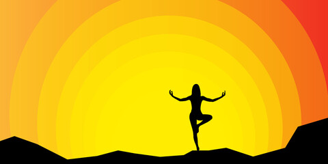 Beauty girl in nature in a yoga pose, silhouette relaxes. Woman meditates sunrise or sunset in the mountains outdoors.Zen vector illustration.