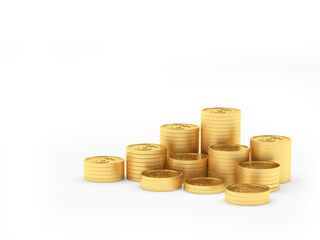 Heap of gold coins in stacks isolated on a white background. 3D illustration