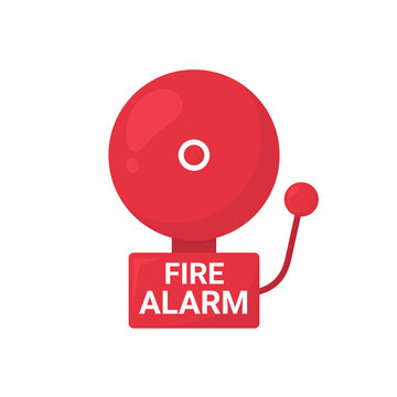 Fire alarm red bell system, icon isolated on white background. Symbol for office, school. Cartoon flat design. Vector illustration.
