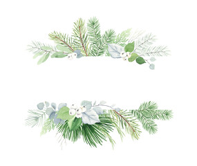 Christmas watercolor card with fir branches, berries, leaves and place for text. Winter holiday illustration for greeting or invitation cards isolated on white background.