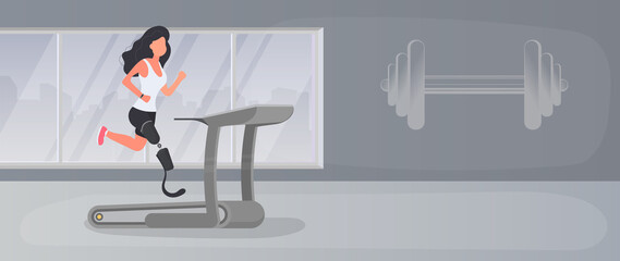 A girl with a prosthetic leg runs on a treadmill. A woman with a robotic leg is exercising in the gym. Vector.