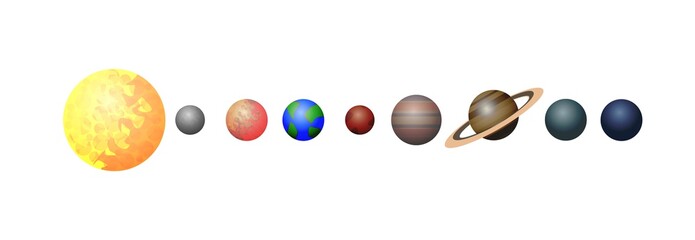 Vector illustration of the solar system planets,signed with the names of the planets, isolated on white background