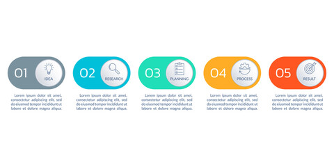 5 step or option infographic elements with business icons and text. Timeline info graphic, flow chart, layout, finance workflow template. Vector illustration.