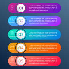 5 steps, option or levels infographic design with business icons. Vertical timeline info graphic template for presentation, information brochure, banner, workflow layout. Vector illustration.