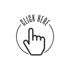 Click here the button. Hand sign with touching a buttons or pointing finger. Hands cursor icon. Vector illustration in flat style. EPS 10.
