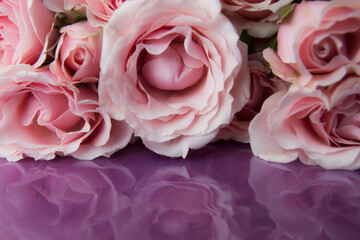 beautiful bush roses in a large bouquet on a reflective shiny surface