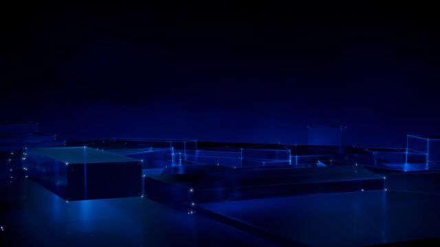 Futuristic, High Tech, blue platform background, with network lines conveying a connectivity concept. 3D render