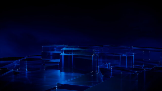 Futuristic, High Tech, blue platform background, with network lines conveying a connectivity concept. 3D render