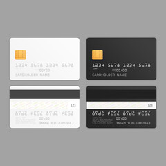 Mockup Credit Card with worlds map. Empty plastic card template isolated on white background. Realistic style. Business and finance concept. Vector illustration EPS 10.