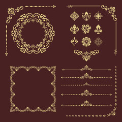 Vintage set of vector horizontal, square and round elements. Brown and golden elements for backgrounds, frames. Classic patterns. Set of vintage patterns
