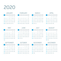 Calendar 2020 template. Week starts on Monday. Stationery design. 12 Months on the page. Vector illustration EPS 10.