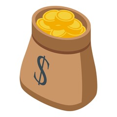 Gold coins bag icon. Isometric of gold coins bag vector icon for web design isolated on white background