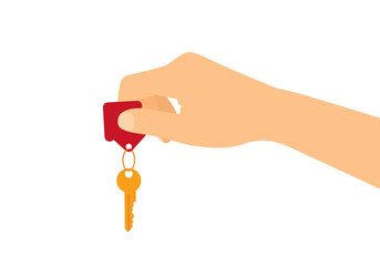 Flat design concept - male or female hand holding house key. Isolated on white background, vector