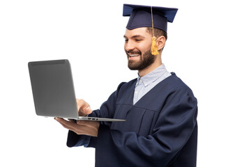 education, graduation and people concept - happy smiling male graduate student in mortar board and...