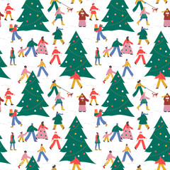 Christmas people pine tree winter seamless pattern