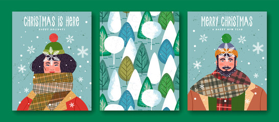 Merry Christmas New Year winter scarf people cards