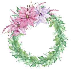 Watercolor Christmas mistletoe leaves wreath decorated with pink poinsettia flowers. Hand-drawn New Year's template.