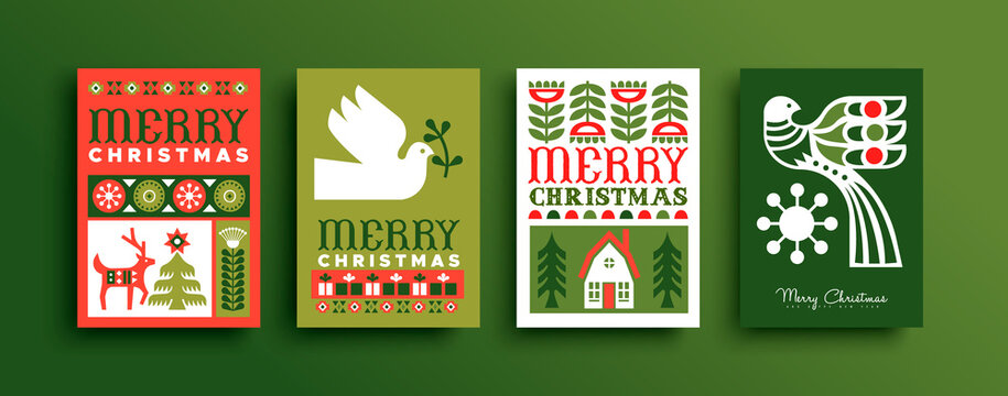 Merry Christmas Folk art forest bird deer card set
