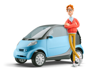 3d illustration. Nerd Larry with smart car. Car sharing concept. - obrazy, fototapety, plakaty