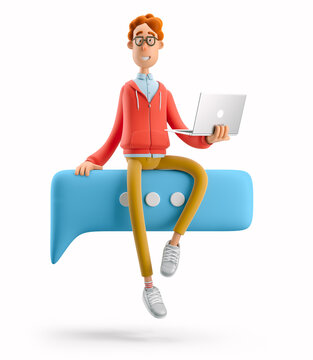3d illustration. Nerd Larry sits on a bubble talk. Social media concept.