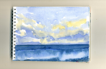 Sketch of the sea in watercolor in sketchbook. Blue sea with a coastal wave.