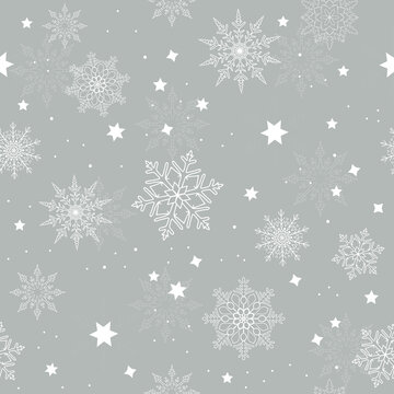 Cute snowflakes on gray background. Seamless pattern with winter motif. Vector illustration.