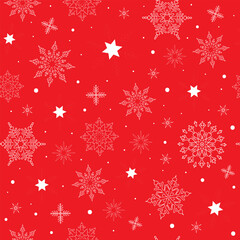 Seamless and winter scenery with snowflakes on the red background. White snow. Decor template. Vector illustration.