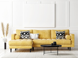 Mockup a poster, Yellow sofa in Scandinavian design living room, white background, 3d render, 3d illustration