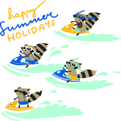 collection isolated funny cartoon raccoon on ski with HAPPY SUMMER HOLIDAY lettering for greeting cards, paperwork, kids fashion, home decoration