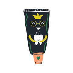 Hand drawn tube of toothpaste with glasses and crown holds small tooth in his hands. Dental care every day concept. Childish design. Flat illustration.