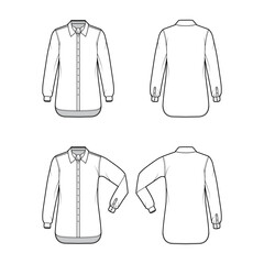 Set of Shirt ascot stripe technical fashion illustration with tie bow, elbow fold long sleeve, oversized, button-down, regular collar. Flat template front, back white color. Women men top CAD mockup