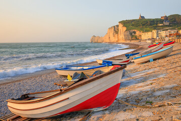 Boats en the beach of Etretat, Normandy, France
