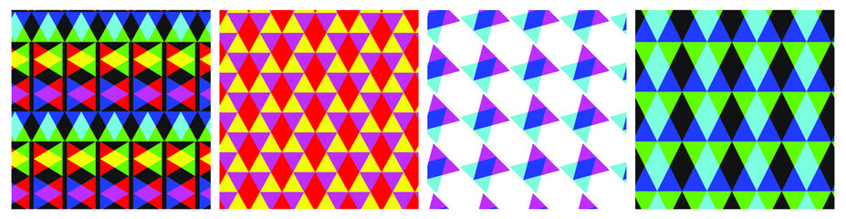 Set of repeat seamless vector abstract patterns. Multicolor triangle shapes background. Collection of bright 10 eps wallpapers. For deign, fabric, textile, cover, web, wrapping etc.