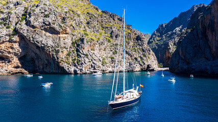 Aerial view Sa Calobra, Torrent de Pareis gorge, Serra de Tramuntana, Mallorca, Balearic Islands, Spain,
