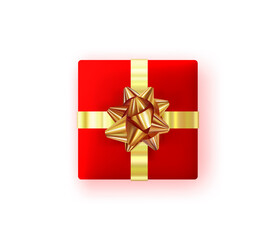 Christmas red gift box tied with a gold ribbon, top view. Isolated on white background. For happy new year design, decoration for birthday  festive card.