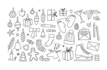Vector illustration of Christmas set: Christmas toys, gingerbread cookies, socks, candy, gifts, hat, gloves, skates, an envelope with letter and stamp, pencils, cone, and holly berry. Line art.