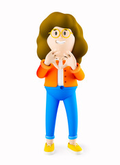 Girl Susie shows heart sign with fingers. 3d rendering. 3d illustration. 3d character