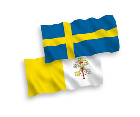 National vector fabric wave flags of Sweden and Vatican isolated on white background. 1 to 2 proportion.