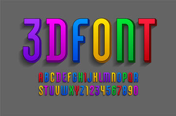 3D Font from multicolored, trendy bright alphabet, modern condensed letters and numbers for your design, vector illustration.